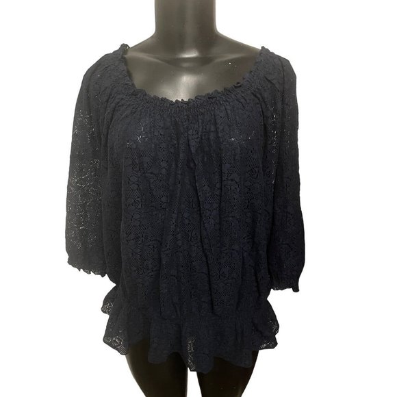 1X Izod Women Sheer Lace Top Elastic Off Shoulder Navy Blue - Picture 1 of 10